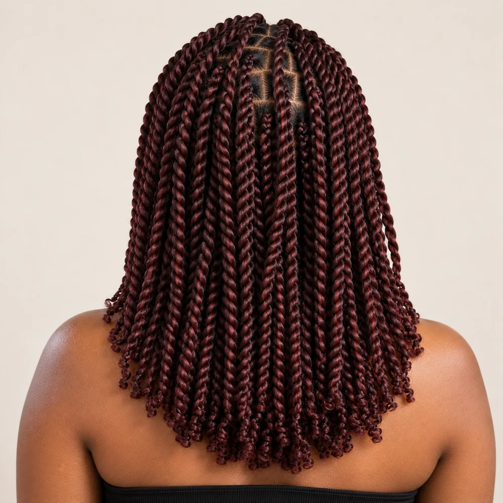 Burgundy Senegalese twists showcasing braiding craftsmanship
